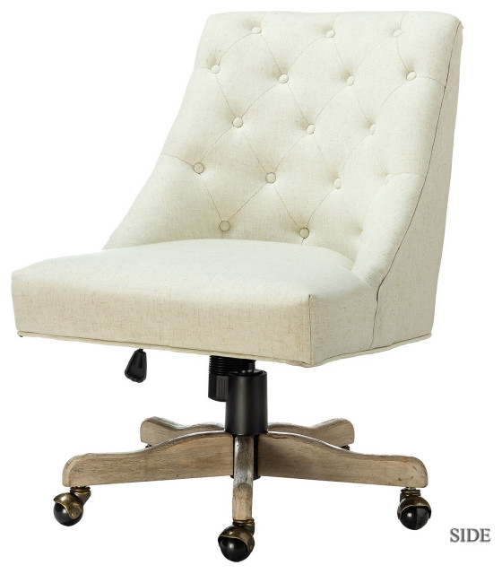 Ivory Tufted Back Linen Style Rolling Office Chair Transitional