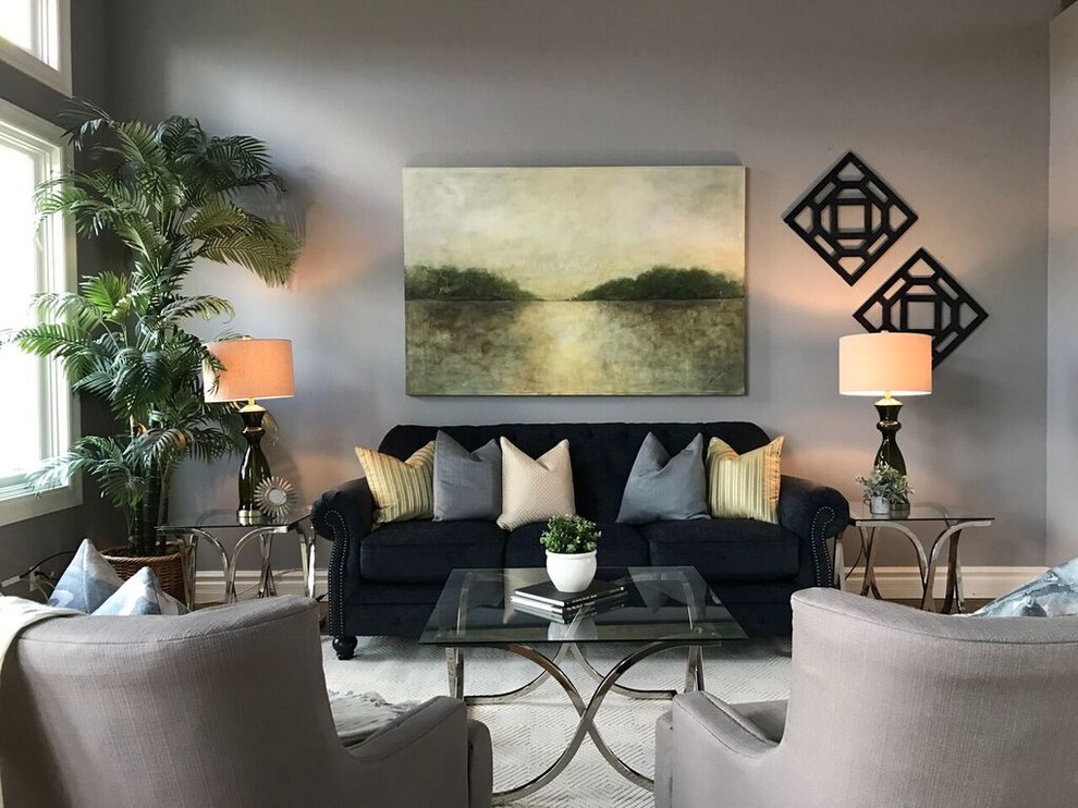 Transitional formal living room in Orange County with grey walls, dark hardwood floors and brown floor.