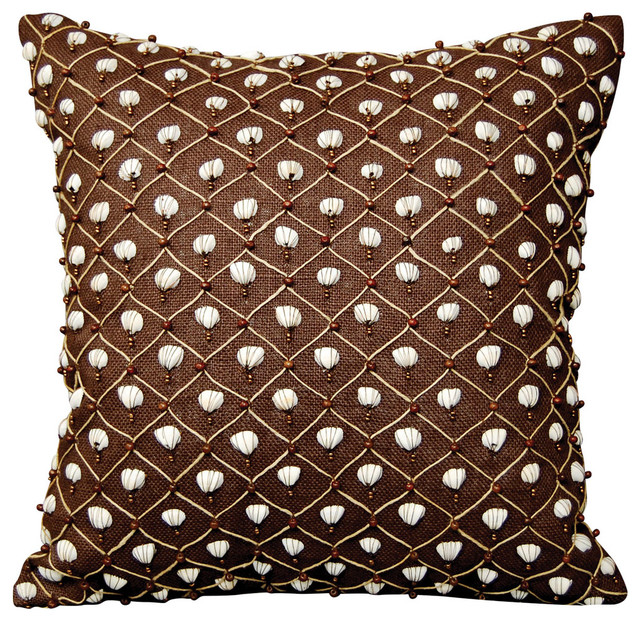 Patterned Beaded Seashell Pillow, Brown - Beach Style - Decorative Pillows - by Rightside Design LLC