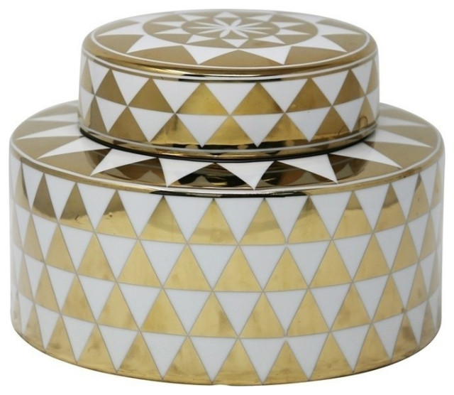 Sagebrook Home White/Gold Jar, Triangle Pattern
