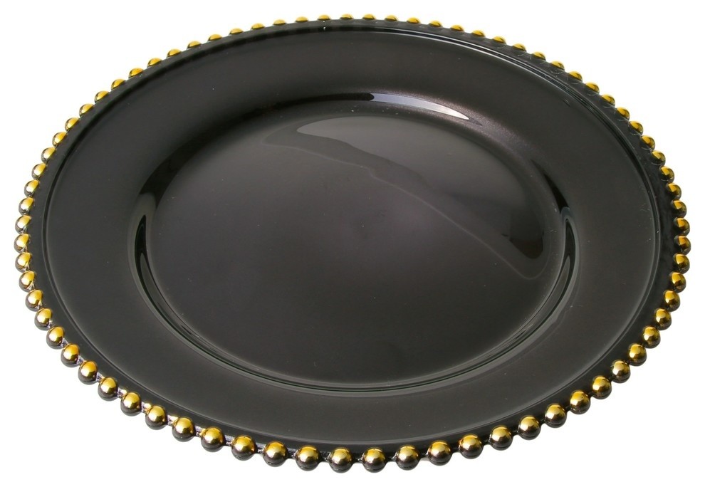 Classic Touch Black Chargers With Gold Beaded Rim, Set of 4 Contemporary Charger Plates by