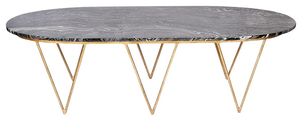 Worlds Away Surf Gold Leafed Coffee Table, Black Marble Top