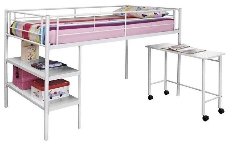 Pemberly Row Twin Loft Bed With Desk And Shelves In White