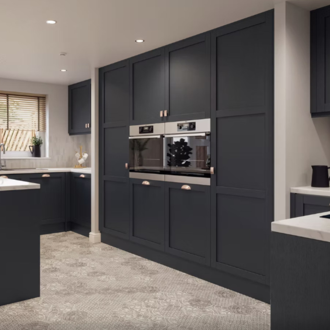 5-piece wrapped shaker kitchen with slim stiles and woodgrain finish in a modern Leicester home