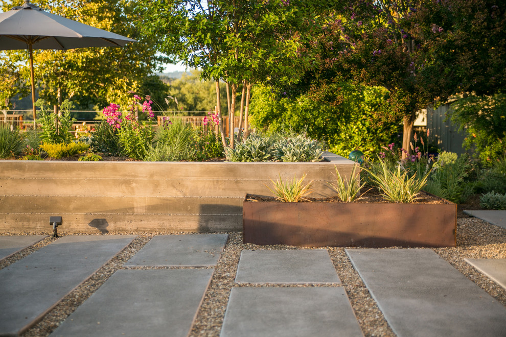 Design ideas for a large contemporary backyard garden in San Francisco with a fire feature and gravel.