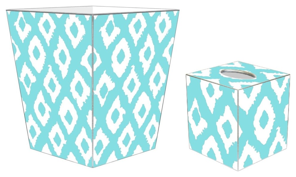 Marye Kelley Aqua Ikat Decoupage Wastebasket with Optional Tissue Box, 11" Sq