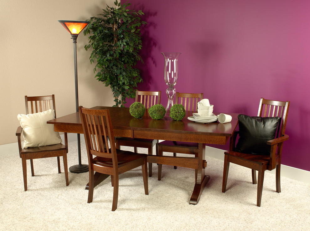 Design ideas for a mid-sized arts and crafts separate dining room in Other with carpet, no fireplace and pink walls.