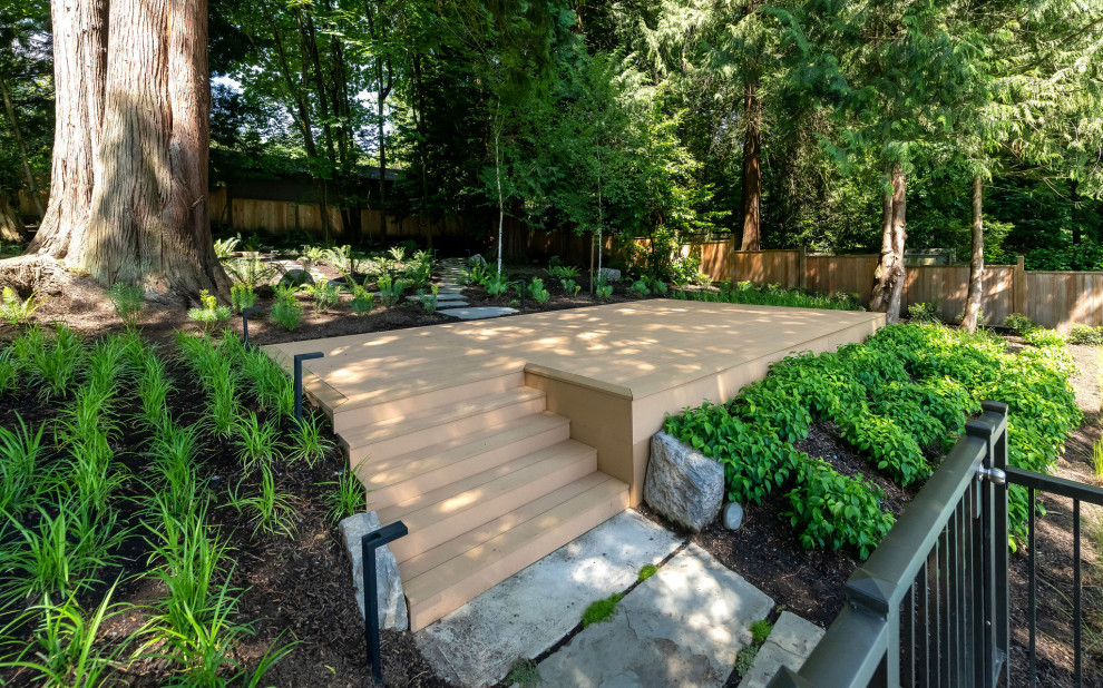 Design ideas for a large transitional backyard shaded garden for summer in Vancouver with with privacy feature, decking and a wood fence.