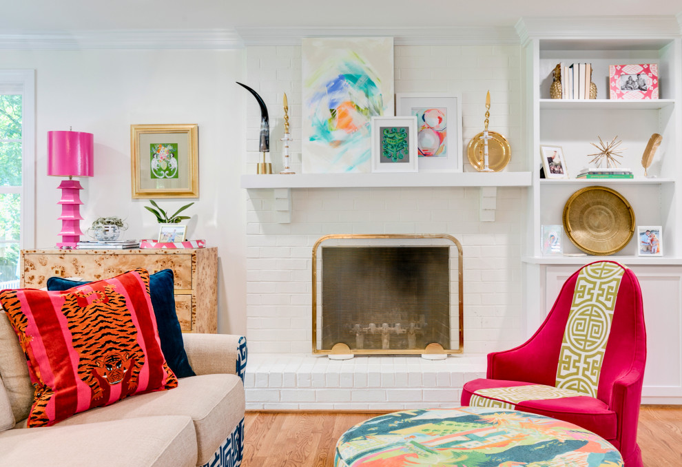 White Brick Fireplace with Artful Mantel and Custom Millwork ...