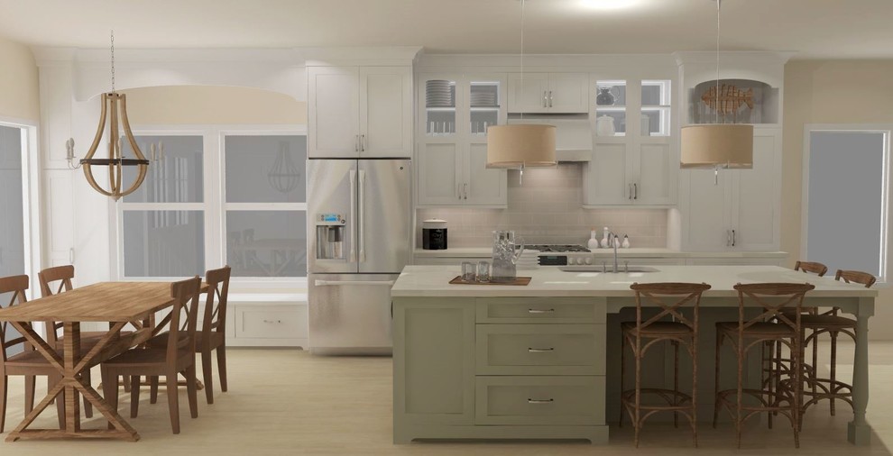 Example of a mid-sized transitional single-wall light wood floor and beige floor eat-in kitchen design in Minneapolis with an undermount sink, recessed-panel cabinets, white cabinets, quartz countertops, gray backsplash, ceramic backsplash, stainless steel appliances and an island