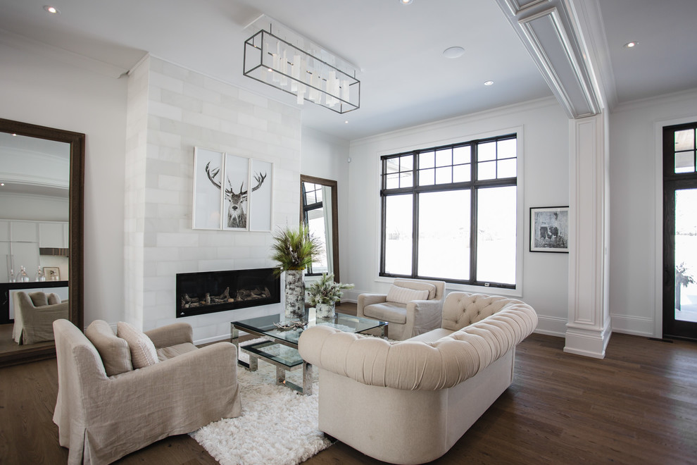 Photo of a transitional formal open concept living room in Toronto with white walls, dark hardwood floors, a ribbon fireplace, a tile fireplace surround and no tv.