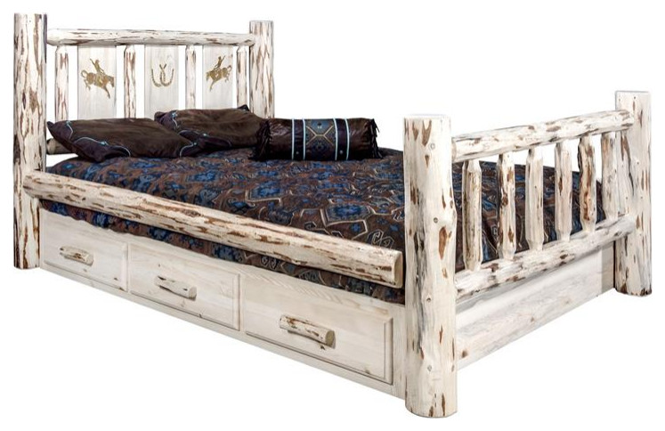 Montana Woodworks Wood King Storage Bed with Laser Engraved Bronc in Natural