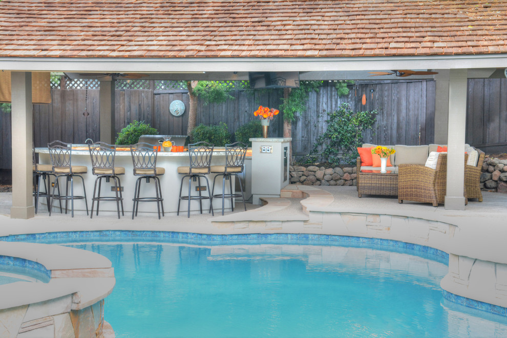 Patio kitchen - mid-sized transitional backyard patio kitchen idea in San Francisco with a gazebo