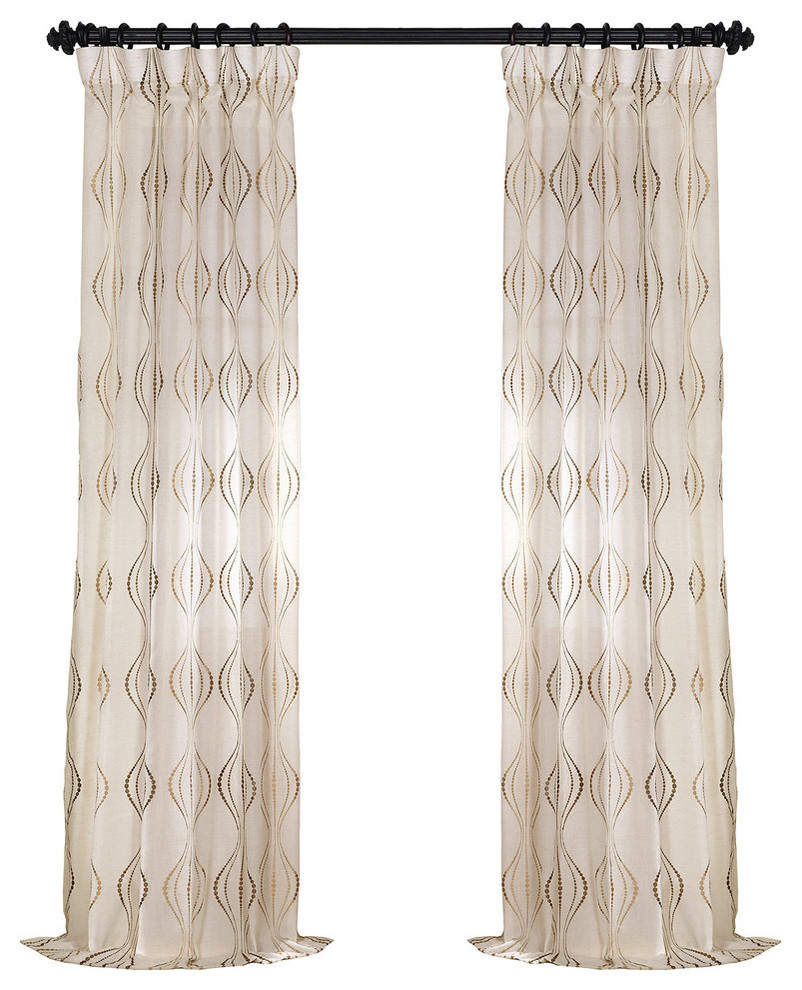 Suez Bronze Embroidered FauxLinen Sheer Curtain Single Panel