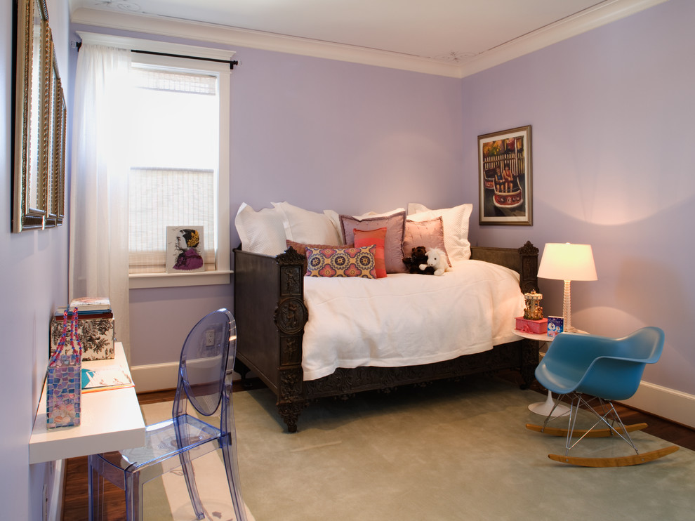 Design ideas for a traditional kids' bedroom for kids 4-10 years old and girls in Houston with purple walls.