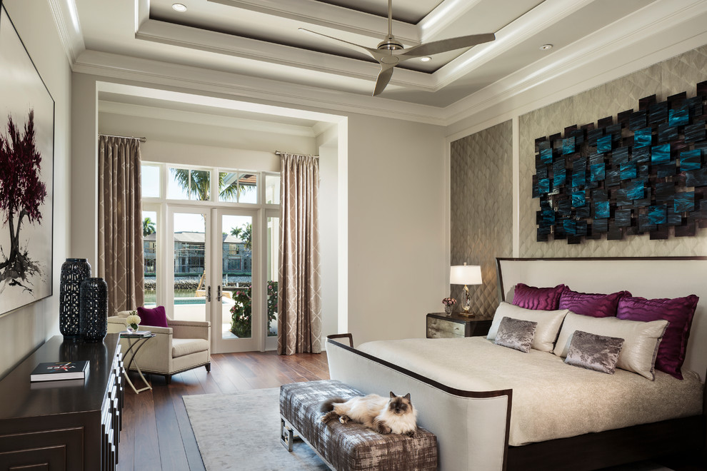 Design ideas for a transitional master bedroom in Miami with grey walls, dark hardwood floors and brown floor.