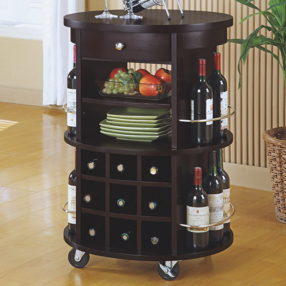 Round Bar Serving Cart in Cappuccino with Wine Storage