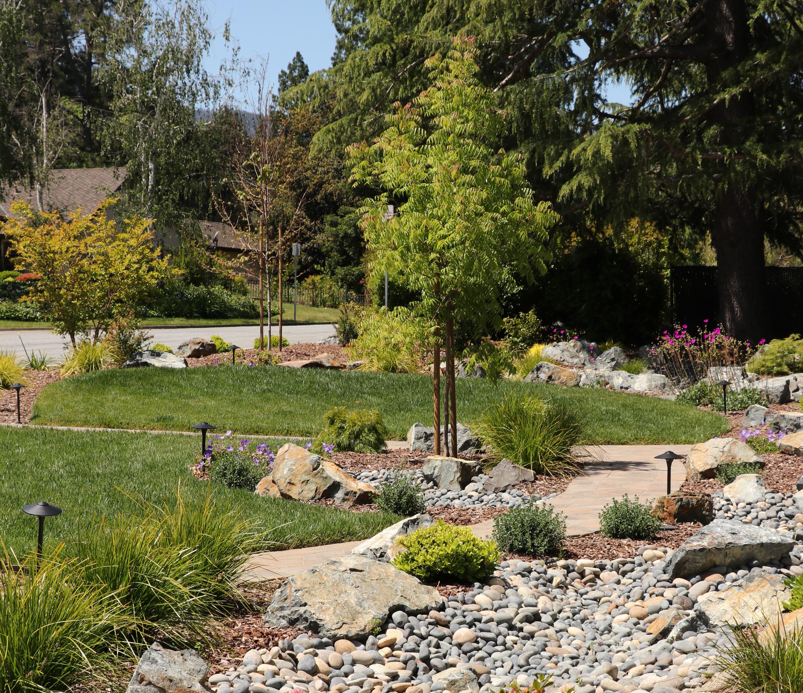 FRONT YARD WITH TREES AND DRY-CREEK