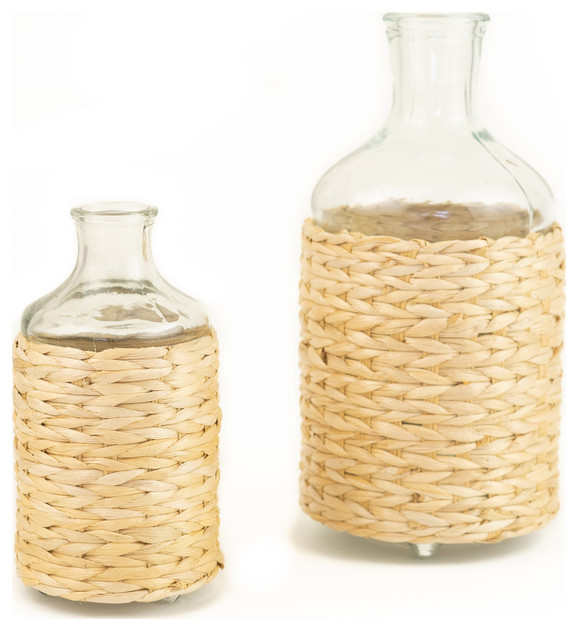 Set of Two Seagrass Wrapped Tall Vases Tropical Vases by First of
