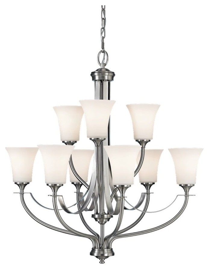 Modern Chandelier with White Glass in Brushed Steel Finish