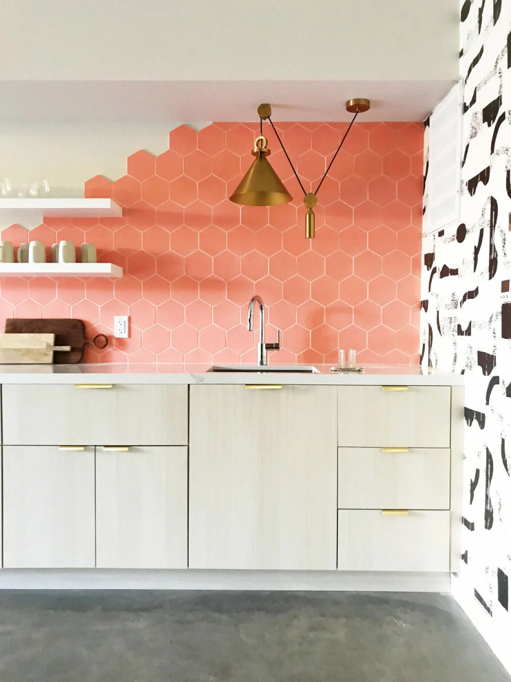 This is an example of an eclectic kitchen in San Francisco with pink splashback and ceramic splashback.