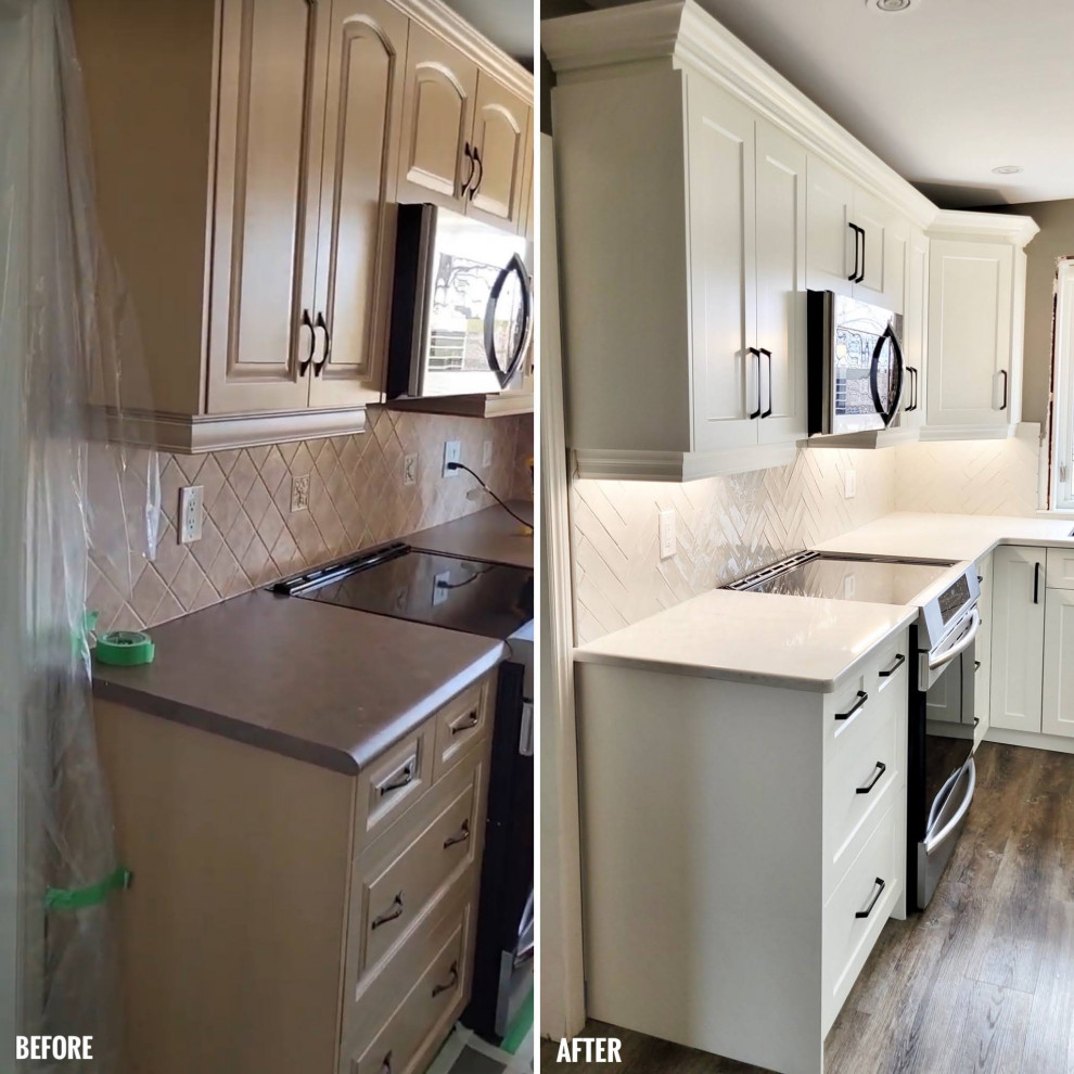 Mid-sized transitional l-shaped enclosed kitchen photo with a double-bowl sink, recessed-panel cabinets, white cabinets, gray backsplash, glass tile backsplash and no island
