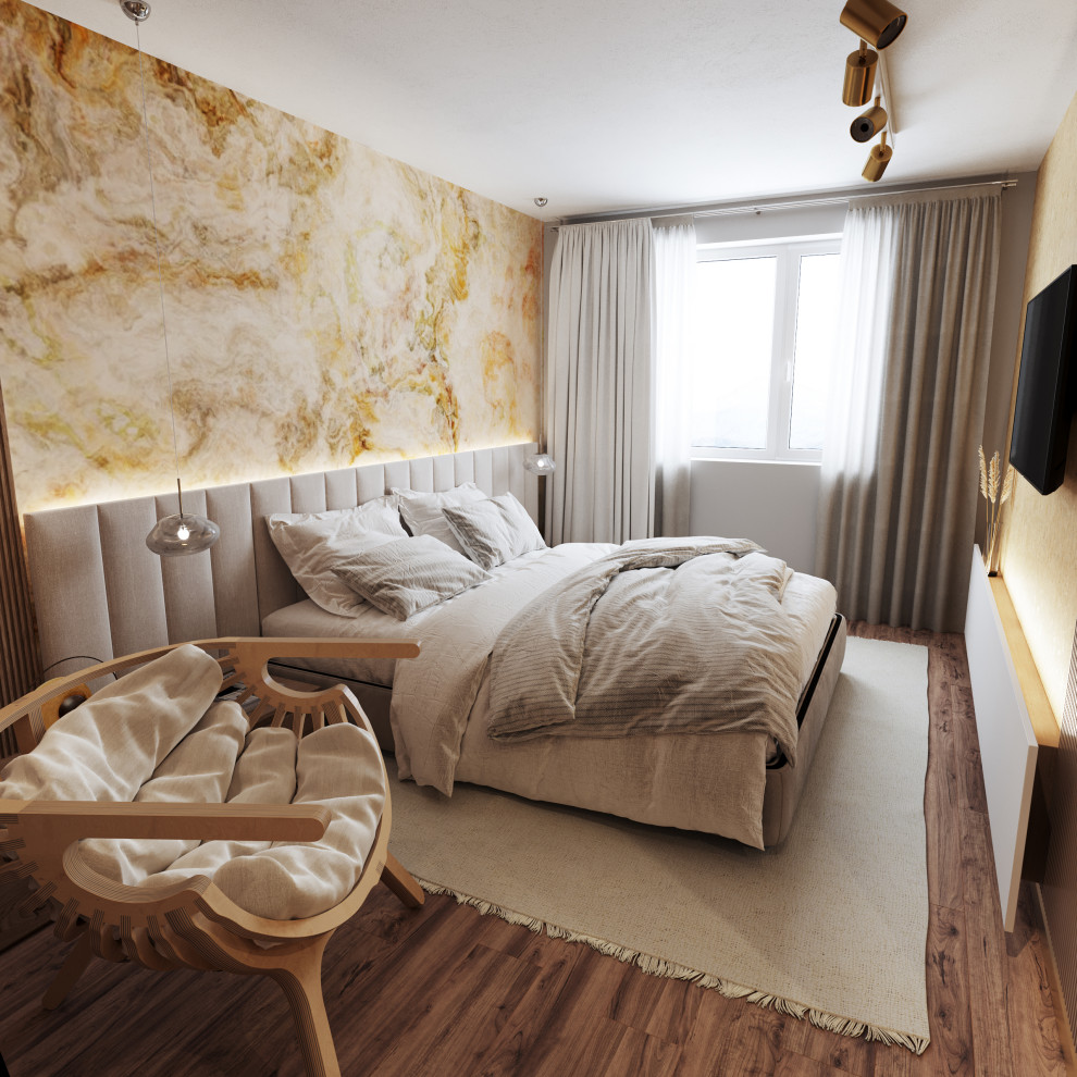 Idee per una camera da letto contemporanea con camino classico