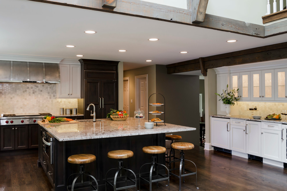 Enclosed kitchen - large transitional l-shaped dark wood floor enclosed kitchen idea in Chicago with a single-bowl sink, recessed-panel cabinets, granite countertops, stainless steel appliances, an island, dark wood cabinets, multicolored backsplash and mosaic tile backsplash