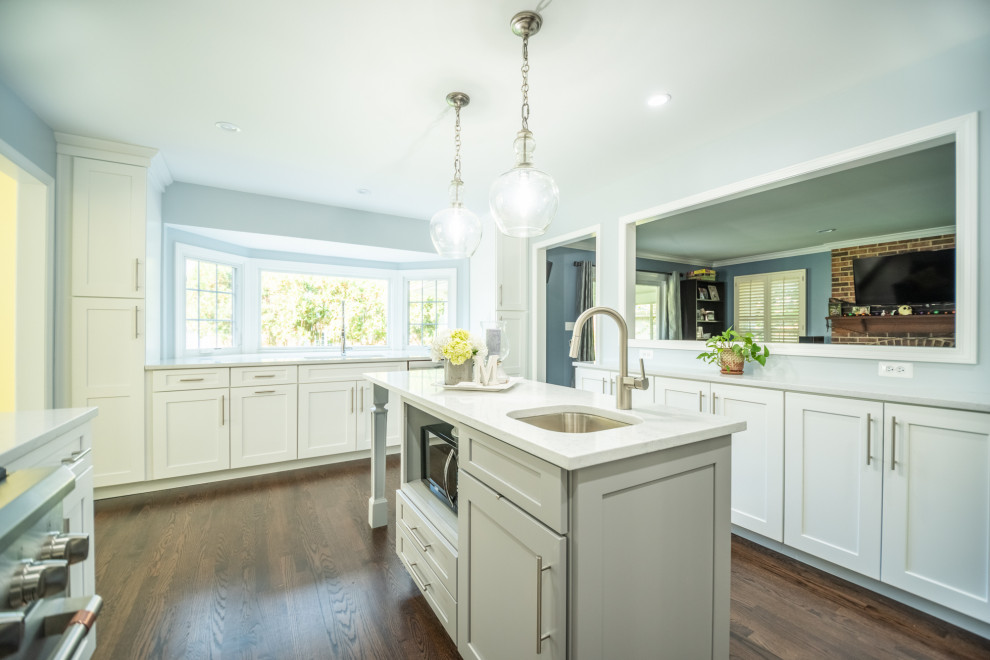 Kitchen - mid-sized transitional dark wood floor and brown floor kitchen idea in Chicago with an undermount sink, shaker cabinets, white cabinets, quartz countertops, gray backsplash, mosaic tile backsplash, stainless steel appliances, an island and white countertops