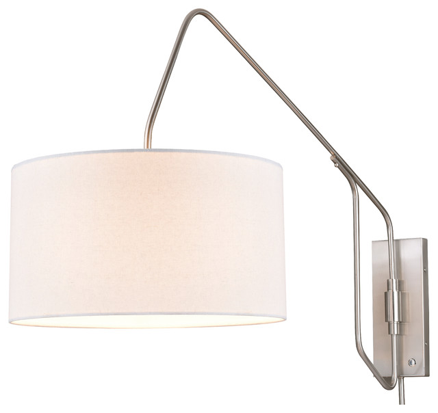 Marcin 18 Swing Arm Wall Light Satin Nickel With Linen Shade