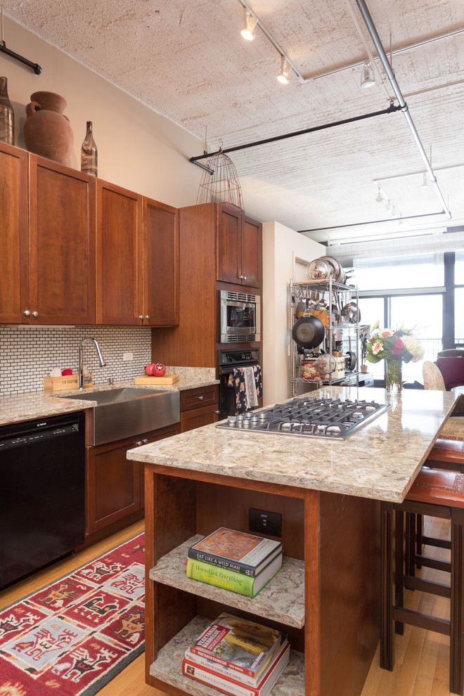 Enclosed kitchen - mid-sized contemporary galley enclosed kitchen idea in Chicago with an undermount sink, flat-panel cabinets, medium tone wood cabinets, granite countertops, white backsplash, cement tile backsplash and stainless steel appliances