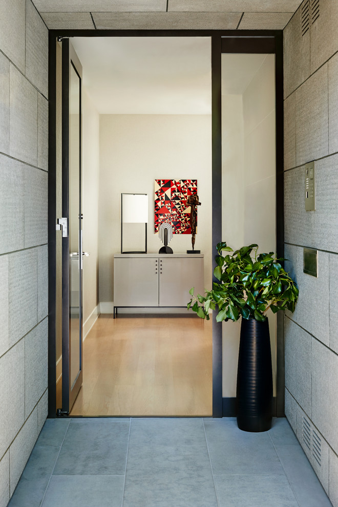 This is an example of a medium sized contemporary front door in San Francisco with medium hardwood flooring, a single front door and a glass front door.
