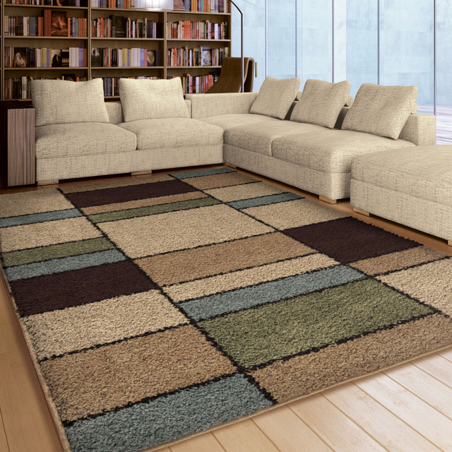 Orian Impressions Shag Hartlepool Squares Area Rug, Beige, 7'10"X10'10