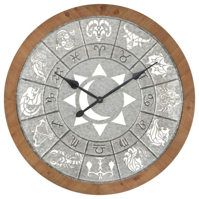 Astrological Motif Galvanized Steel and Fir Wood Round Wall Clock No