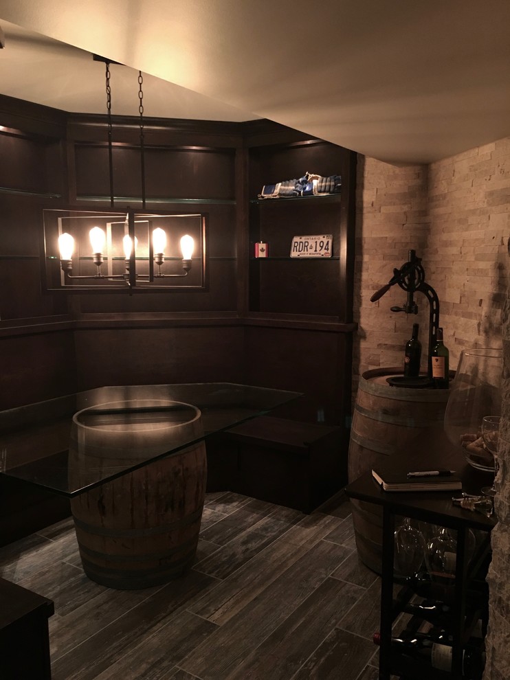 Inspiration for a mid-sized transitional underground dark wood floor and brown floor basement remodel in Chicago with beige walls and no fireplace