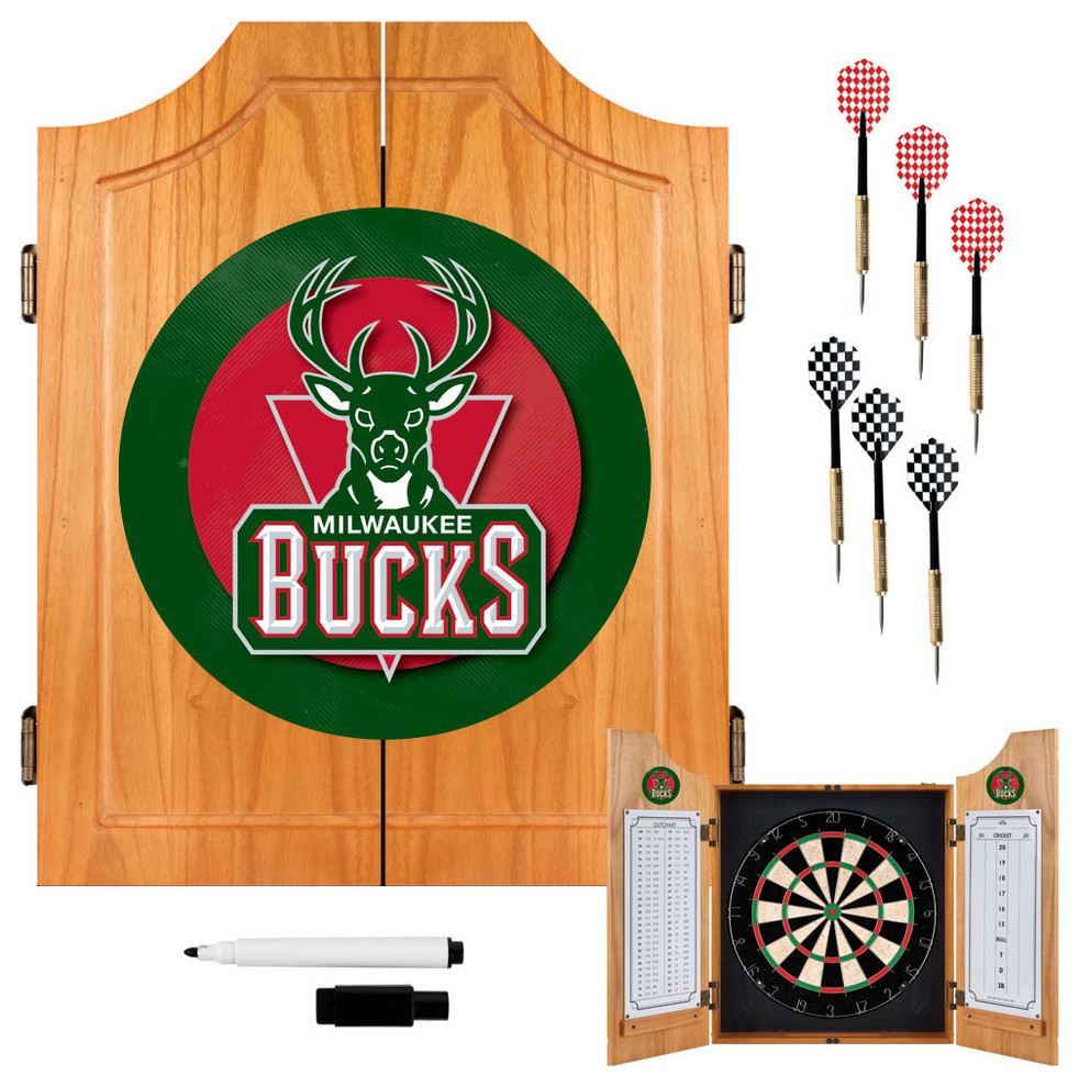Dart Board Cabinet Set - Milwaukee Bucks Logo Dart Board