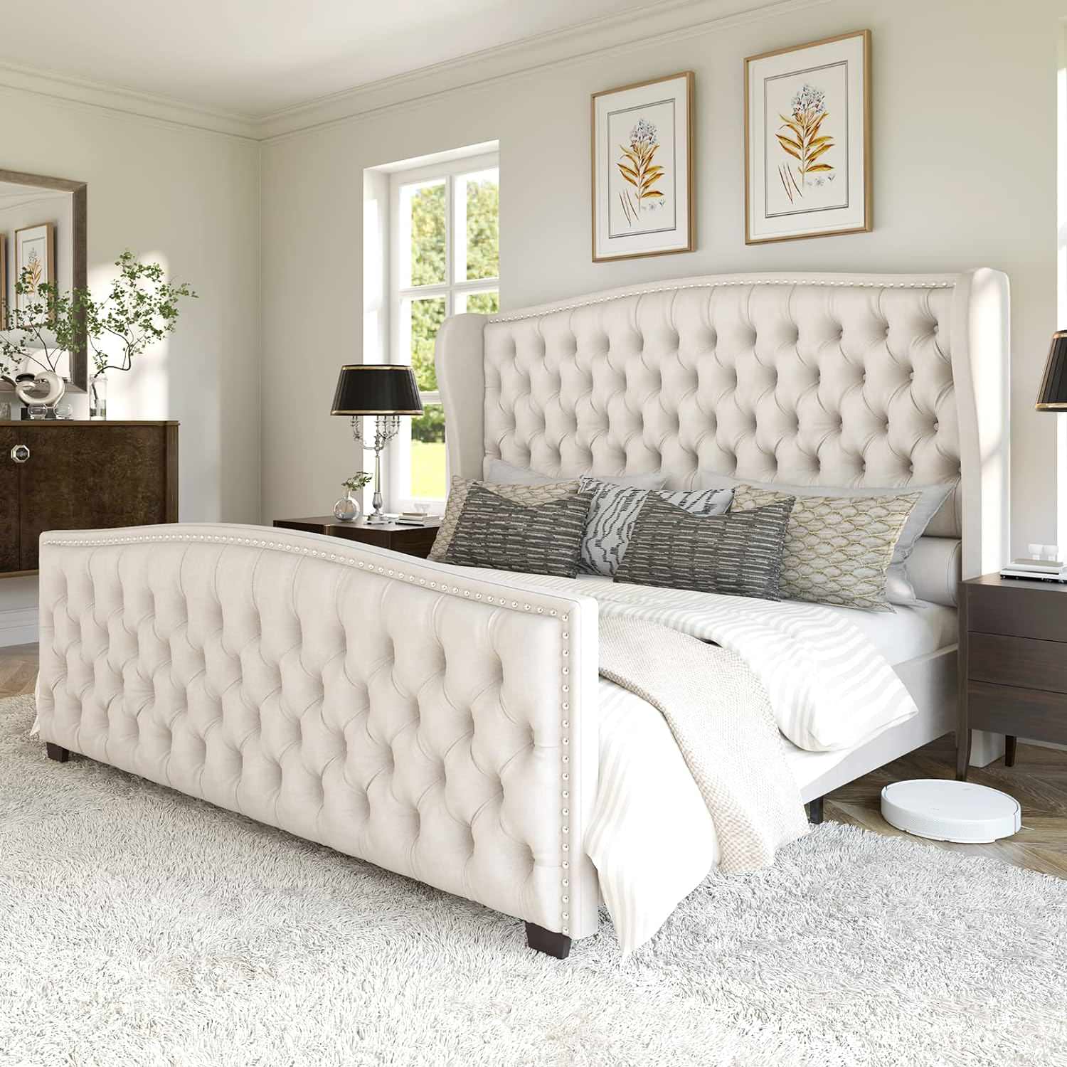 Velvet Upholstered Bed with Deep Button Tufted & Nailhead Trim Wingback Headboard
