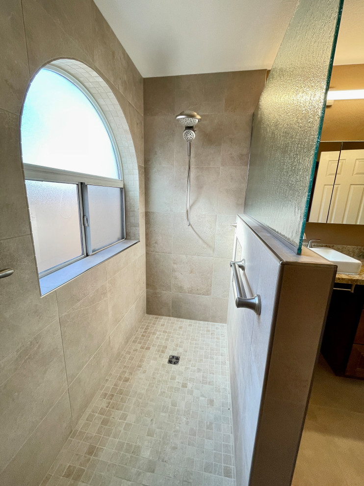 Example of a mid-sized transitional master beige tile and porcelain tile porcelain tile, beige floor and double-sink bathroom design in Phoenix with shaker cabinets, dark wood cabinets, beige walls, a vessel sink, quartz countertops, brown countertops and a built-in vanity