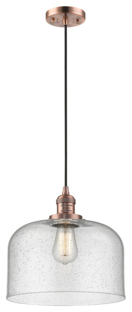 Large Bell 1-Light LED Pendant, Antique Copper, Glass: Seedy