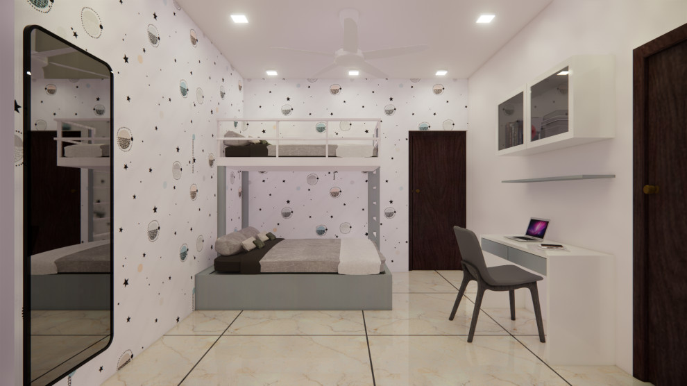 Medium sized modern kids' bedroom in Bengaluru with beige walls, marble flooring and beige floors.