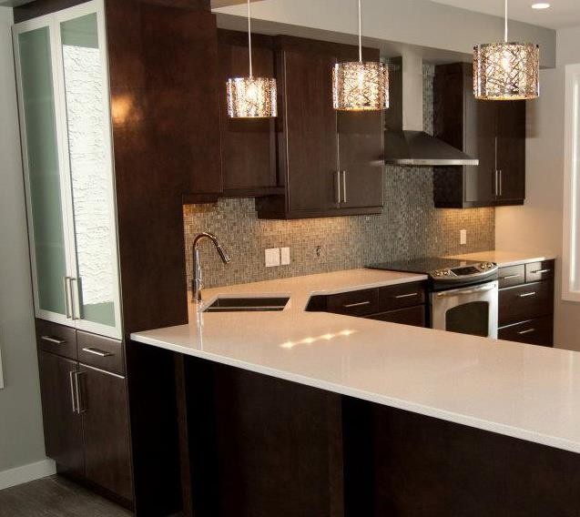 Eat-in kitchen - mid-sized transitional l-shaped dark wood floor eat-in kitchen idea with a double-bowl sink, shaker cabinets, dark wood cabinets, metallic backsplash, stainless steel appliances and a peninsula