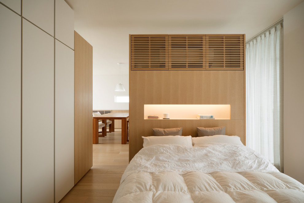 World-inspired master bedroom in Tokyo with white walls, light hardwood flooring and beige floors.