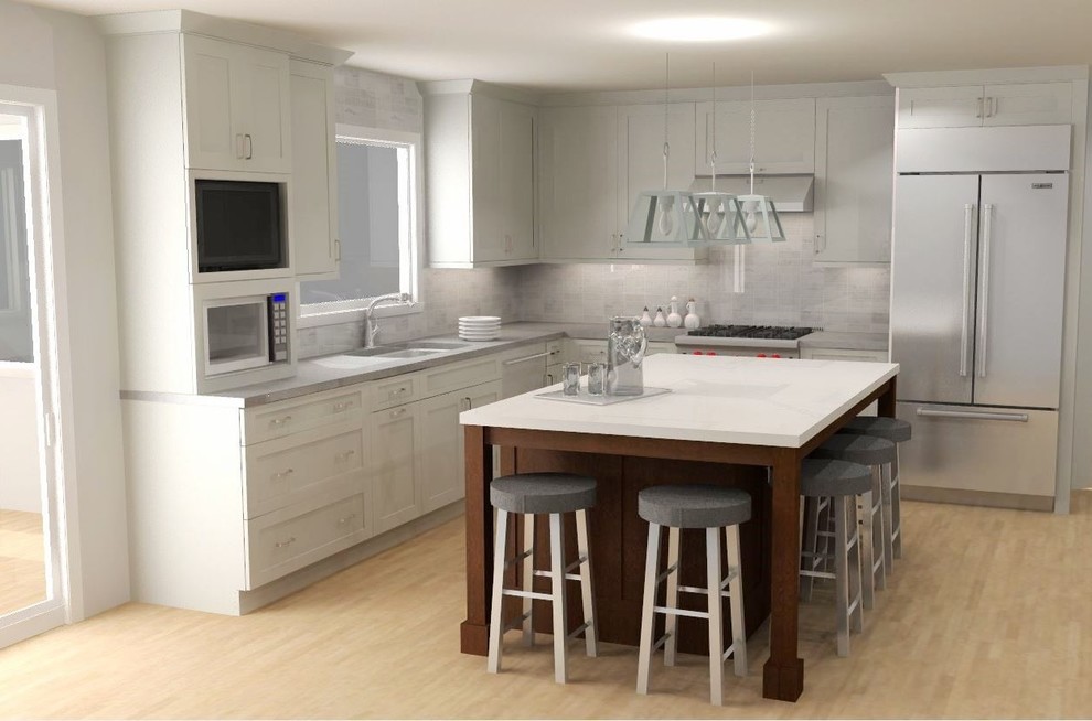Mid-sized transitional u-shaped light wood floor eat-in kitchen photo in Minneapolis with an undermount sink, shaker cabinets, white cabinets, quartz countertops, gray backsplash, marble backsplash, stainless steel appliances and an island