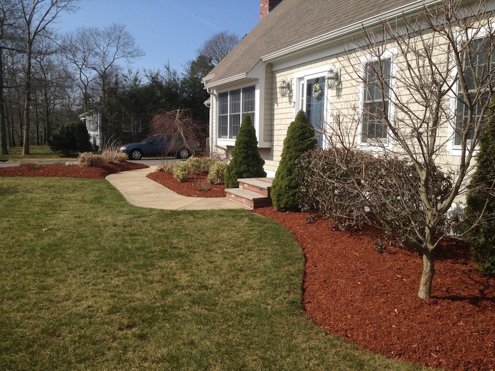 This is an example of a small transitional front yard partial sun garden in Boston with mulch.