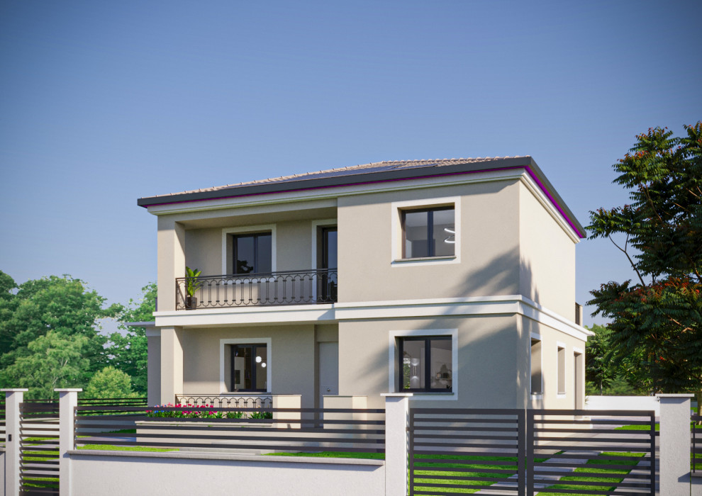 Imagen de fachada de casa multicolor y marrón minimalista extra grande de dos plantas con revestimiento de estuco, tejado a dos aguas y tejado de teja de barro