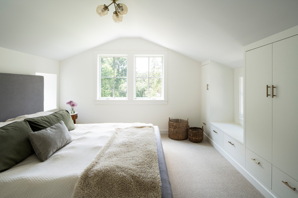 Bedroom - transitional carpeted and beige floor bedroom idea in Minneapolis with white walls