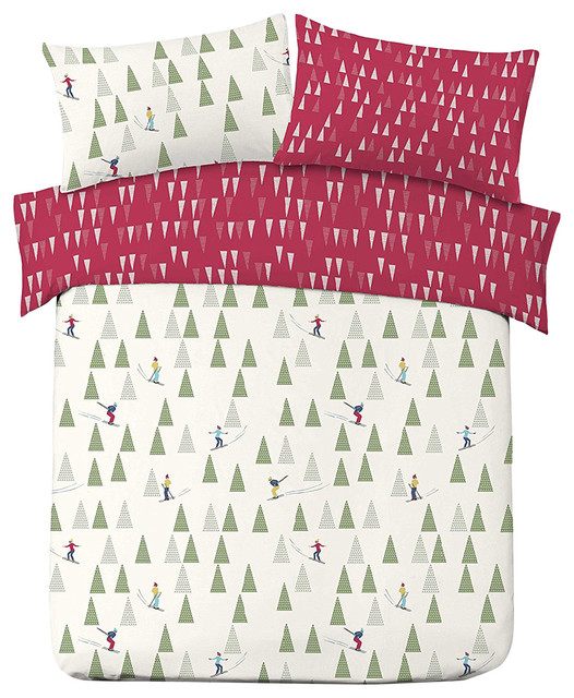 Christmas Duvet Cover Pillowcase Bedding Set Xmas Snow Ski Red
