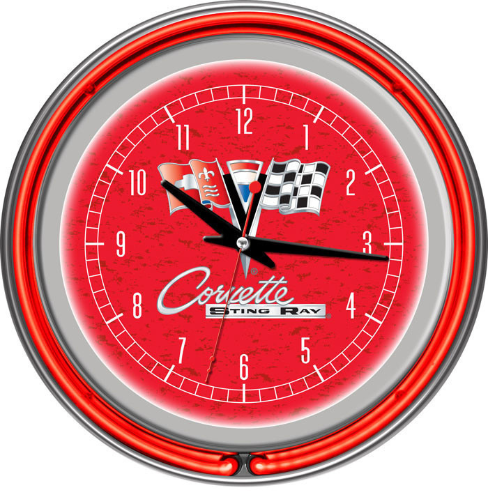 Corvette C2 Red Chrome Double Ring Neon Clock
