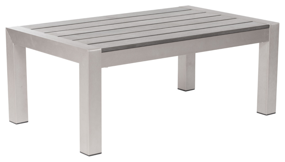 Modern Outdoor Coffee Table, Brushed Aluminum, Faux Wood Grey