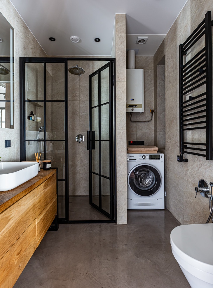 This is an example of a small urban shower room bathroom in Saint Petersburg with flat-panel cabinets, medium wood cabinets, an alcove shower, beige tiles, porcelain tiles, beige walls, porcelain flooring, a built-in sink, wooden worktops, beige floors, a hinged door, brown worktops, a single sink and a freestanding vanity unit.